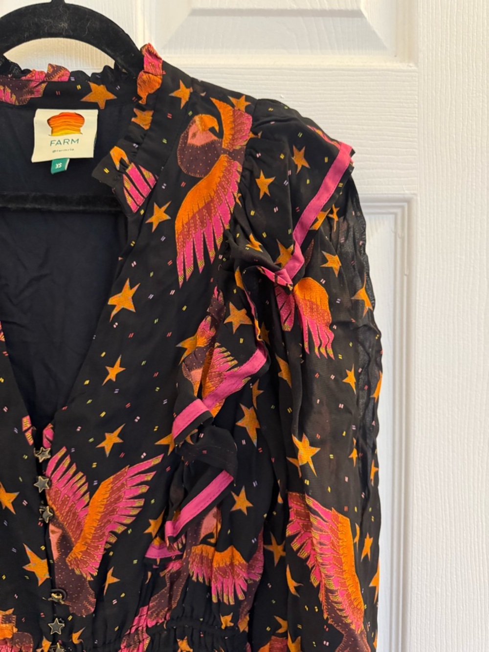 FARM Rio Black Midi Dress with Pink Floral & Star Print NWOT - Picture 10 of 14
